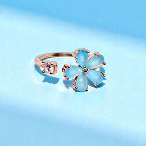Korean Style Blue CZ Flower Rose Gold Ring with Adjustable Band